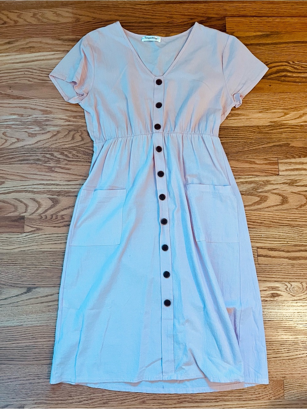 Angashion Light Pink Button-Front Casual Midi Dress Sz L